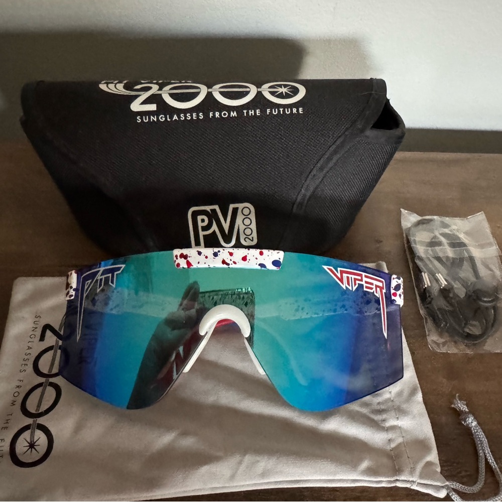 Pit Viper Men's Blue Mirrored Shield Sunglasses with White Splatter Frame